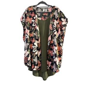 HUE sleepwear 2 PC set Floral Kimono Cardigan with Green Tank Top sleepwear